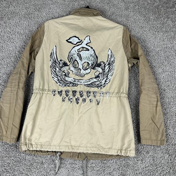 Jack & Jill Jacket Womens Small Khaki Military Field Anorak Back Skull Graphic - Picture 10 of 14
